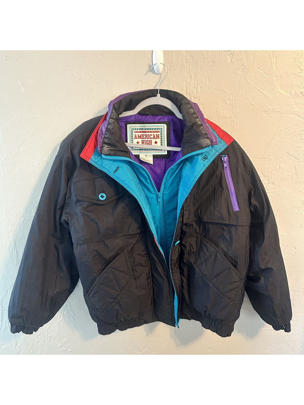 Vintage 80s 90s American High Puffer Jacket Colorblock Retro Mens Medium